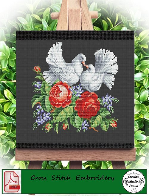 CreativeStudioElenka Vintage Cross Stitch Scheme Bouquet of roses and doves - PDF Embroidery Scheme