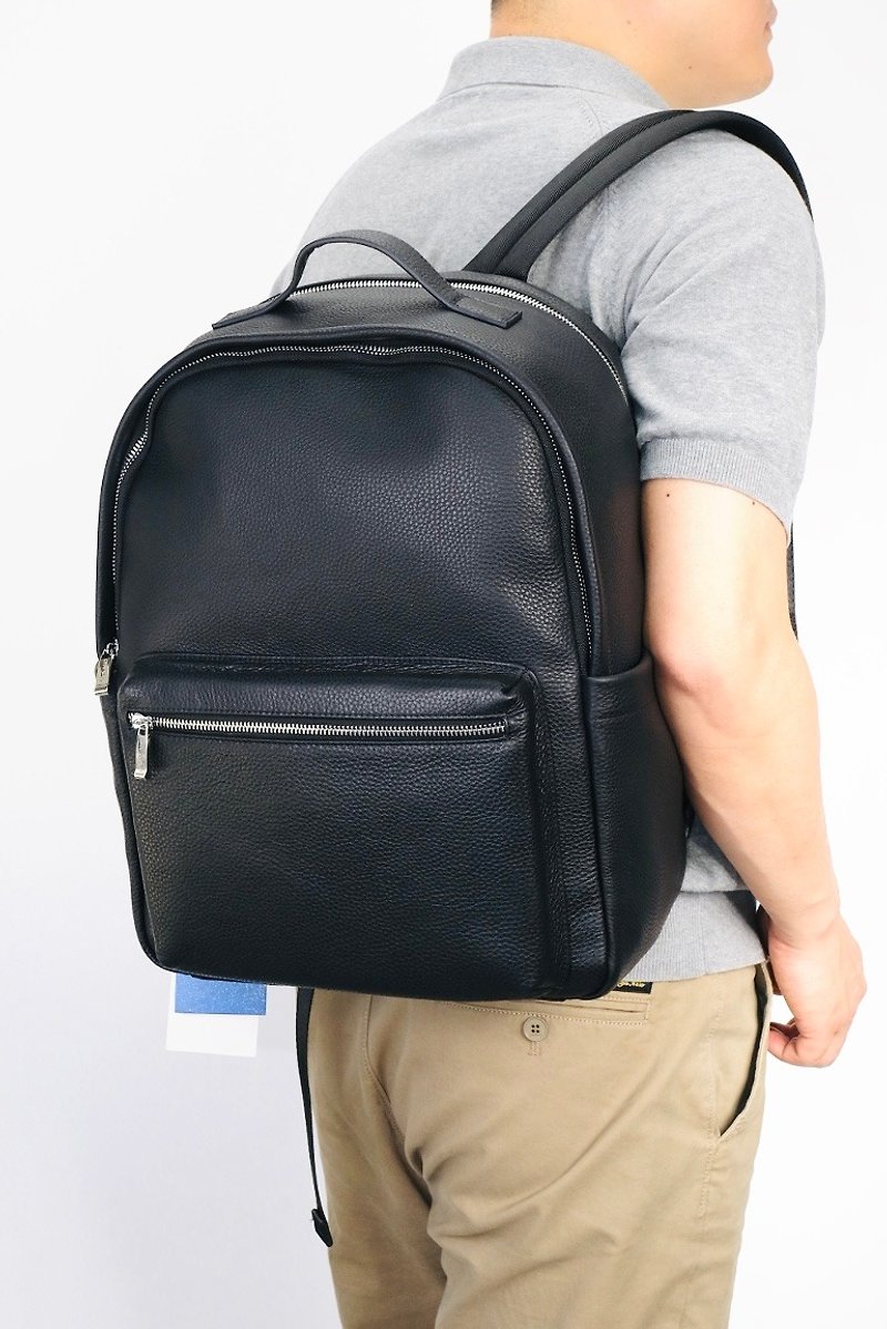 GIOVAND新款 商務休閒背包時尚城市通勤雙肩包雙層筆電真皮後背包 - 背囊/背包 - 真皮 黑色