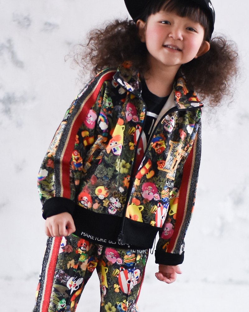 Jersey Jacket Harapeko Paint Blouson Track Jacket Zipper Print Allover Pattern Character Children's Clothing - เสื้อโค้ด - เส้นใยสังเคราะห์ สีดำ