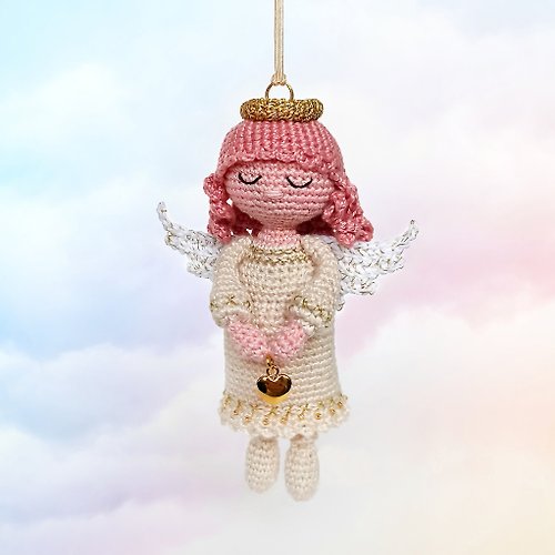 WithLoveNatalia White Guardian Angel girl with heart, Keychain toy, Little crochet hanging Angel
