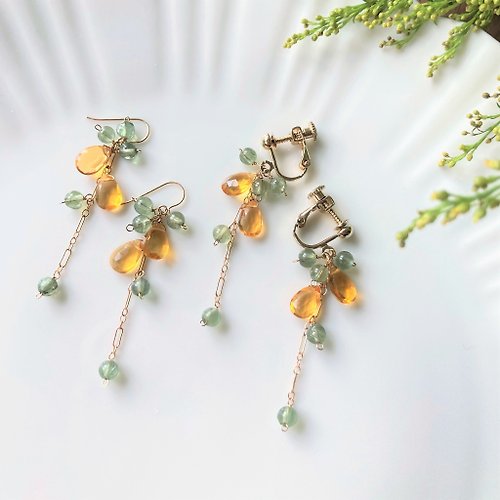 17select -Hina Jewelry- 含羞草 14KGF 黄水晶 橄欖石 長耳環 / 耳夾