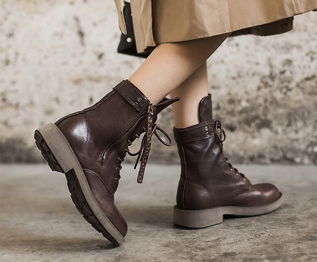 Handmade vintage leather martin boots lace-up mid-boots punk motorcycle  boots - Shop Dwarves Leather Shoes Women's Booties - Pinkoi