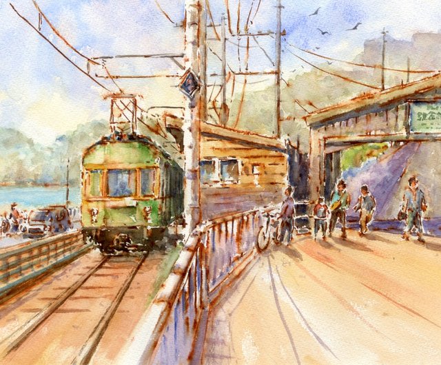 水彩画原画　江ノ電・鎌倉高校前駅