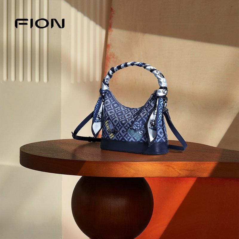 【Free Gift Event】Minions Jacquard with Leather Hobo Bag - Messenger Bags & Sling Bags - Thread Blue