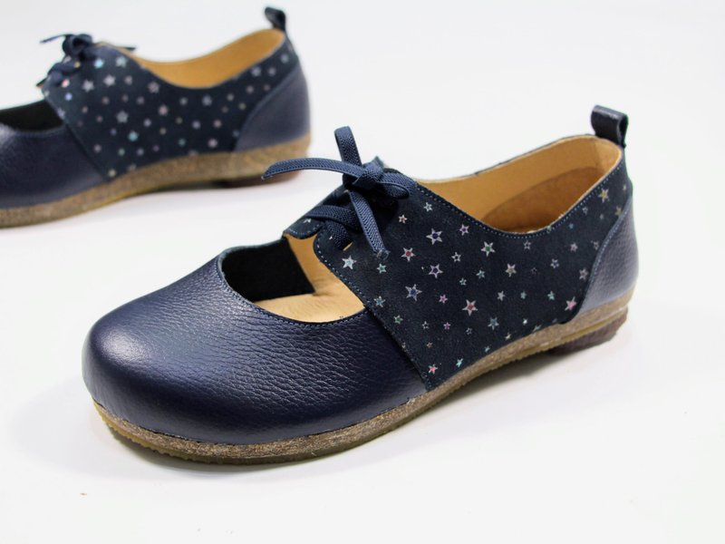 Healthy and beautiful shoes-thumbs eversion//soft and relaxing//full of stars - รองเท้าหนังผู้หญิง - หนังแท้ สีน้ำเงิน