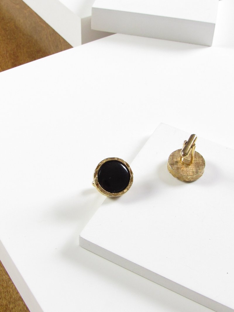 Vintage Circle Black Enamel Gold Cufflinks - 袖扣 - 琺瑯 黑色