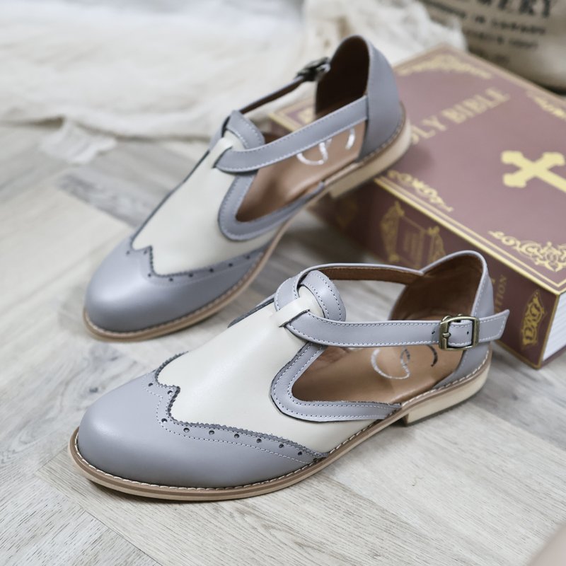 Taiwan Handmade Genuine Leather Women's Shoes Contrast Color Mary Jane Shoes Wide Last Flat Shoes Oxford Large Size - Blue Gray - Women's Leather Shoes - Genuine Leather 