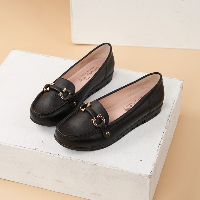 Horsebit Flat Loafers Black - รองเท้าอ็อกฟอร์ดผู้หญิง - หนังแท้ สีดำ