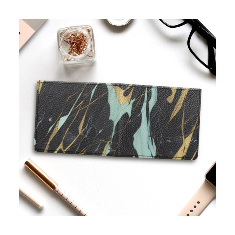 A stylish bi-fold wallet made of genuine leather with a luxurious, mysterious and chic marble design in gold and light blue. - Wallets - Genuine Leather Multicolor