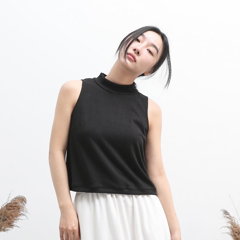 [Classic Original] Image_Image Stand Collar Pleated Vest_CLT012_Black - เสื้อกั๊กผู้หญิง - เส้นใยสังเคราะห์ สีดำ