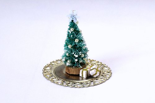 Lenasminiland Miniature Christmas tree with presents on the tray. Dollhouse table top x-mas