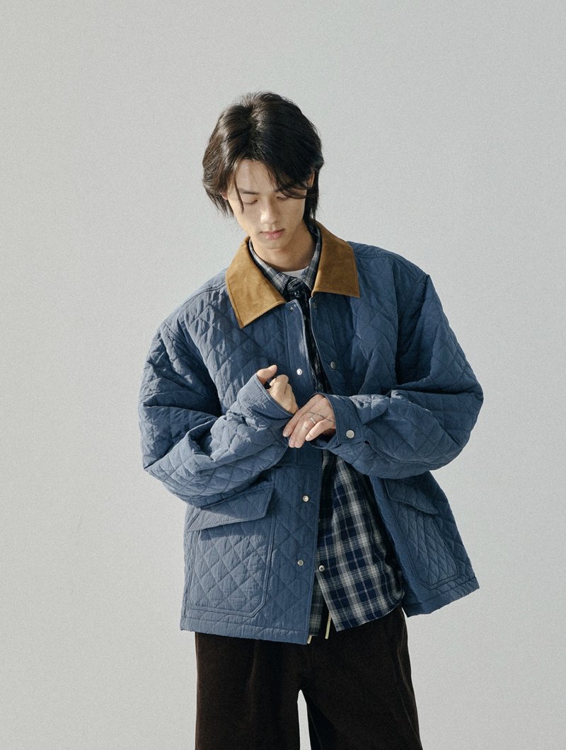 日系復古 / 小方格撞色翻領棉衣 - 男夾克/外套 - 其他材質 藍色