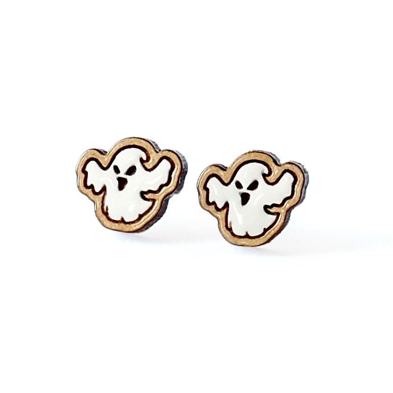 『TienTien』Painted wood earrings-Halloween ghost (white) - Earrings & Clip-ons - Wood White