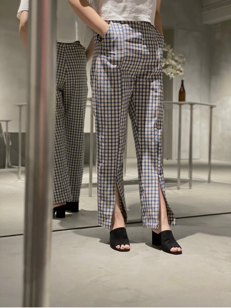 / Plaid Pants Series / Straight Leg Split Pants-Aqua Blue - กางเกงขายาว - ผ้าฝ้าย/ผ้าลินิน สีน้ำเงิน