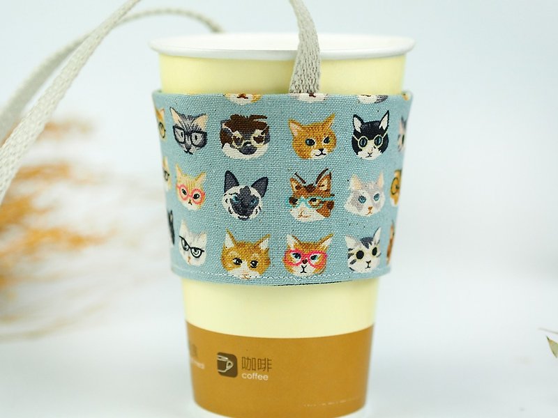 手工雙面 環保飲料袋 吸水 咖啡提袋 可愛 動物 貓 【文青小貓】【D-30】 - 飲料提袋/杯袋/杯套 - 棉．麻 藍色