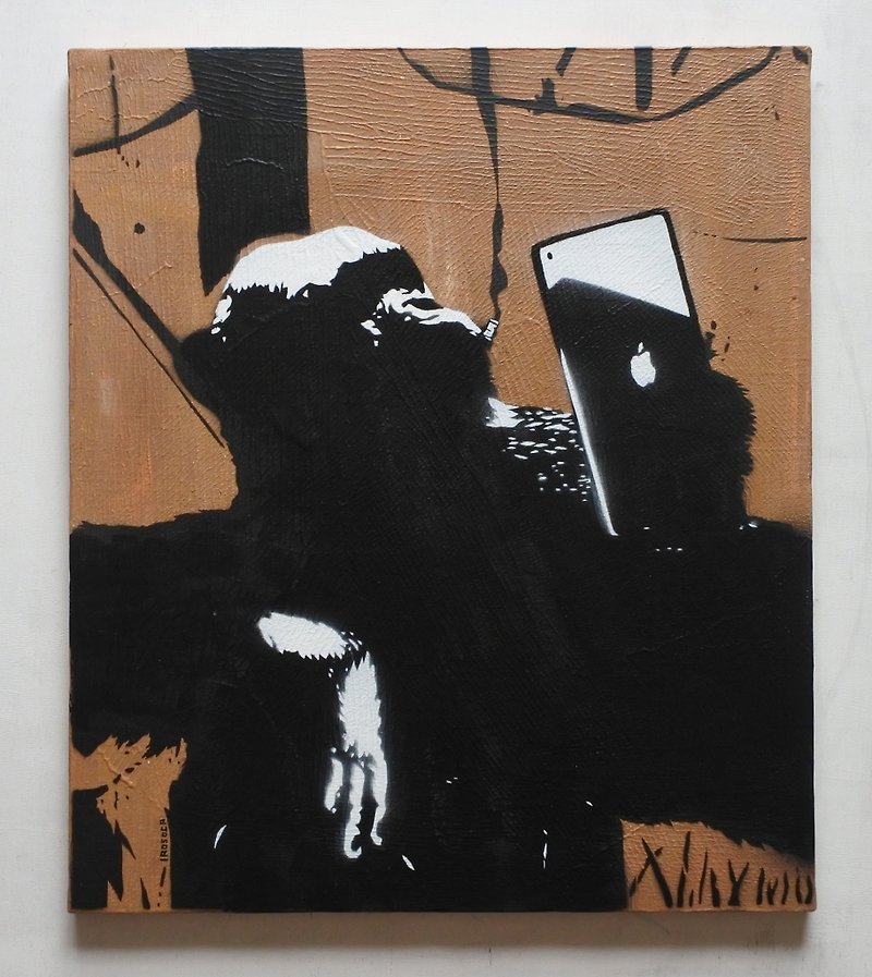 【IROSOCA】ipadチンパンジー　キャンバス絵画　F10サイズ原画 - ポスター・絵 - その他の素材 ブラック