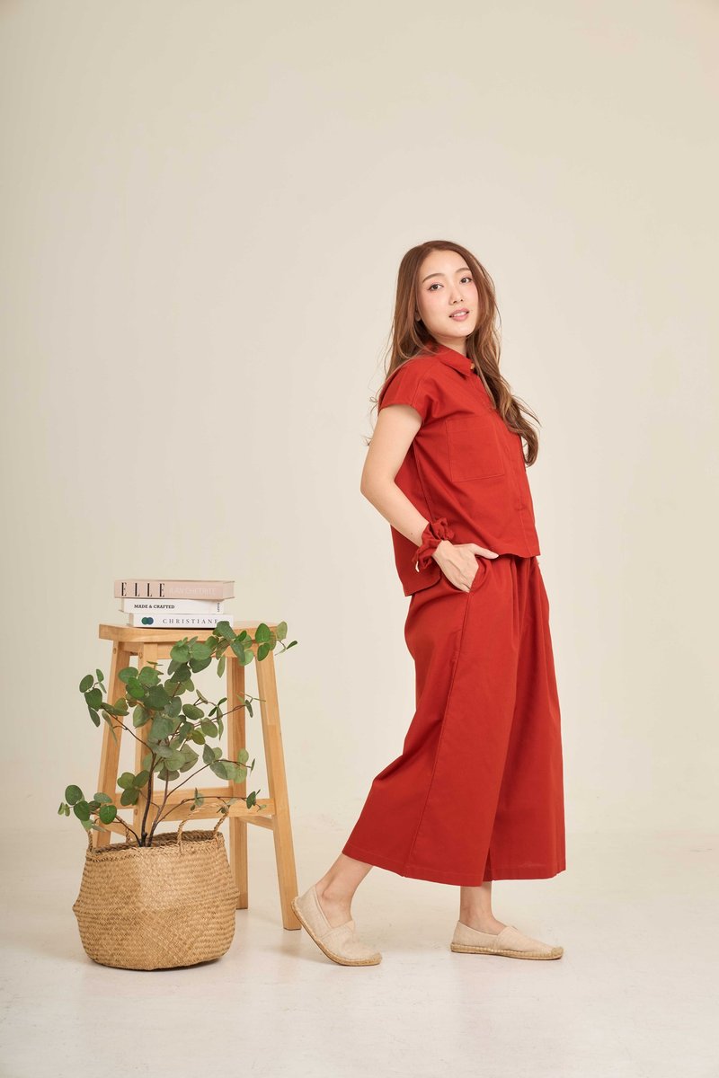 牛津棉質高腰寬褲 - CHAAIM : 紅色 - 女長褲 - 棉．麻 紅色