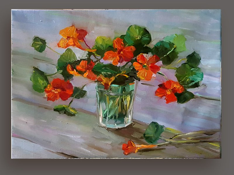 Original flowers  Painting   Nasturtium oil on canvas floral wall art 這幅畫掛在牆上 - 壁貼/牆壁裝飾 - 其他材質 橘色