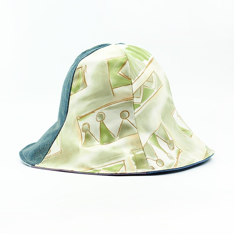 小牛村 Calf Village 手工雙面帽 客製化 遮陽帽 日系復古 古著帽 {淺草古堡}【H316】稀有古布 - 帽子 - 棉．麻 綠色