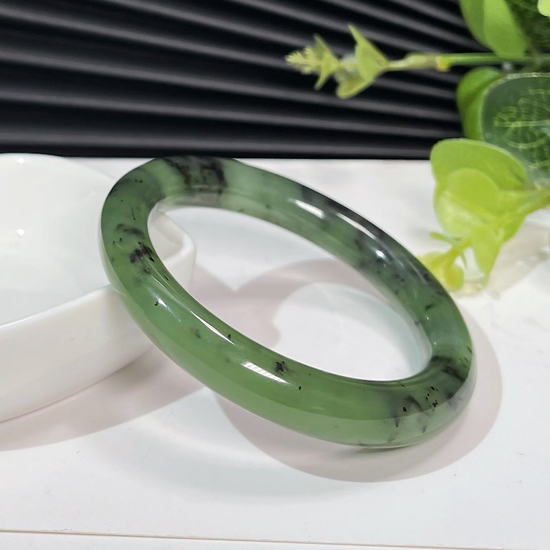 Hetian Jade Jade Bracelet 53MM Russian Material Ulan Sea Spinach Green Round Bar Jade Bracelet Oily, Refreshing and Elegant - สร้อยข้อมือ - หยก สีเขียว