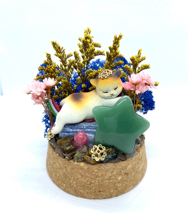 Cat and Green Aventurine Star/ Stone/ Stone-Crystal Doll Dried Flower Arrangement - ของวางตกแต่ง - คริสตัล 