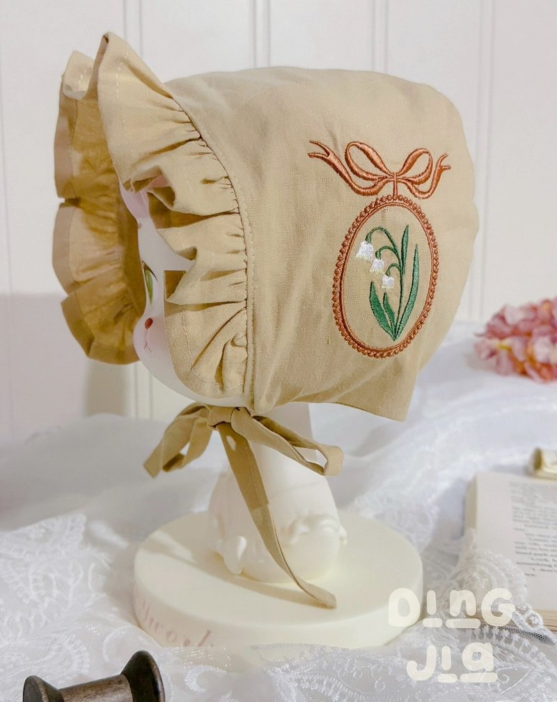 【法式古董帽-刺繡款】嬰兒帽 嬰兒包頭帽  彌月禮 嬰兒手作 - 嬰兒帽子/髮帶 - 棉．麻 卡其色