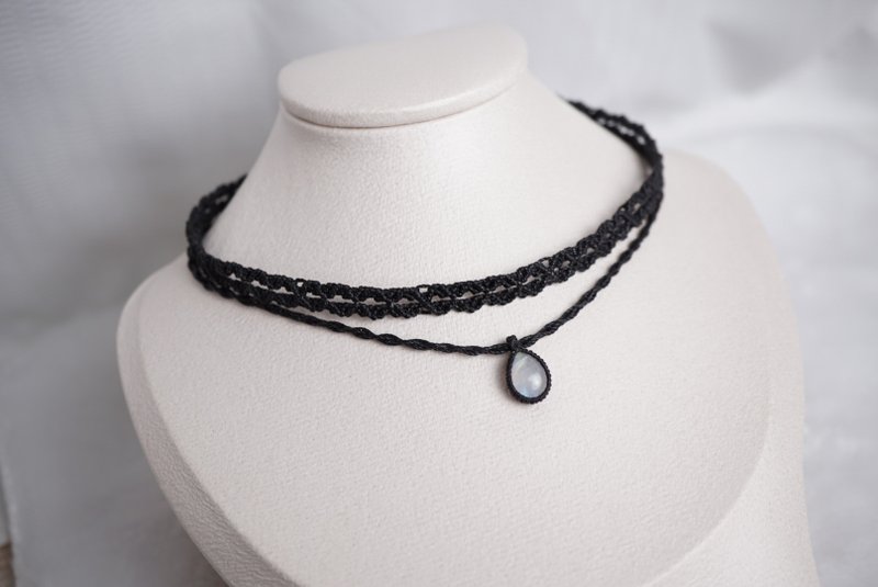 月亮石 蠟線編織頸繩 頸圈 - 頸鏈 - 寶石 黑色