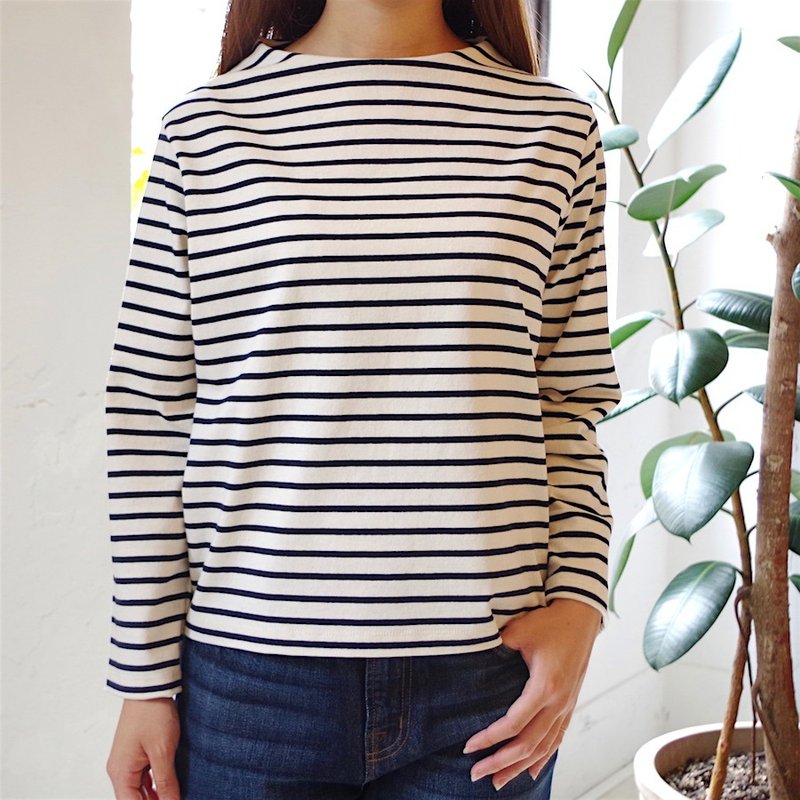 【日本製】ボーダービルドネックプルオーバー  off white × navy - 女上衣/長袖上衣 - 棉．麻 白色