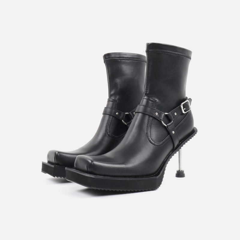 notdetailed original buckle mid-calf boots square toe stiletto high-heeled short boots British style black boots - รองเท้าบูทสั้นผู้หญิง - วัสดุอื่นๆ 