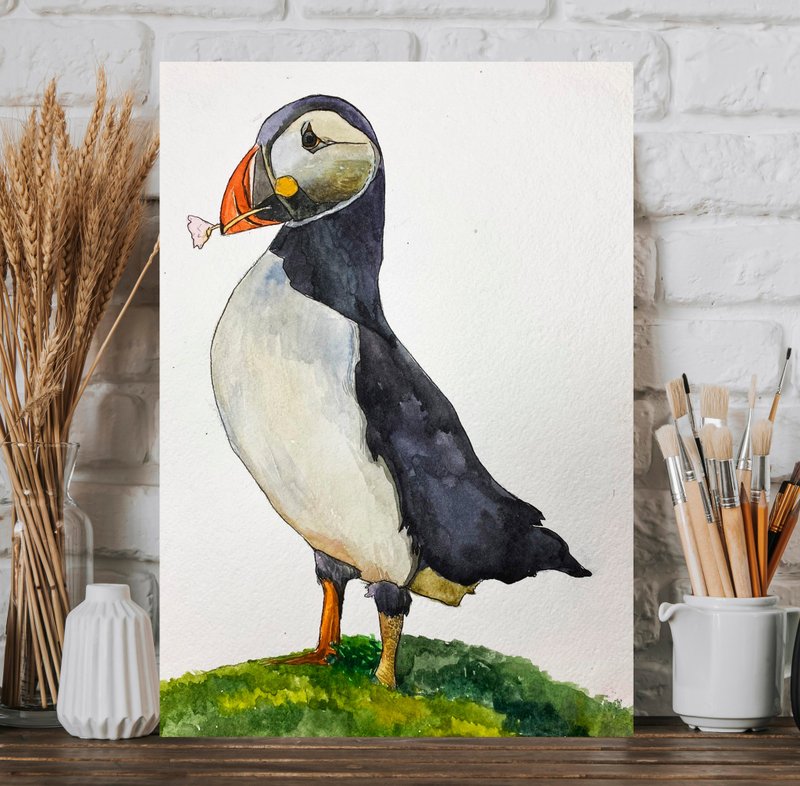 Digital file,Puffin original painting animal art bird watercolor painting - 其他數位設計 - 其他材質 多色