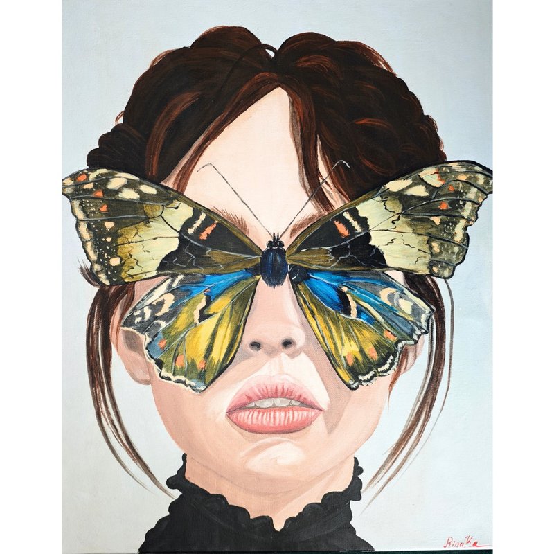 帶著彩色蝴蝶的女性肖像畫 由 RinaArtSK 手繪原創藝術作品 - 壁貼/牆壁裝飾 - 其他材質 多色