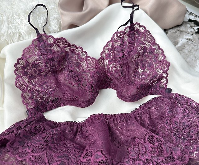 set (bra + panties) dark purple, basic see-through - Shop brababa