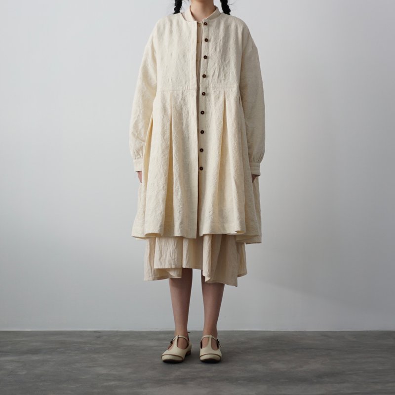 Collarless Jacquard Wool Coat - 女大衣/外套 - 羊毛 白色