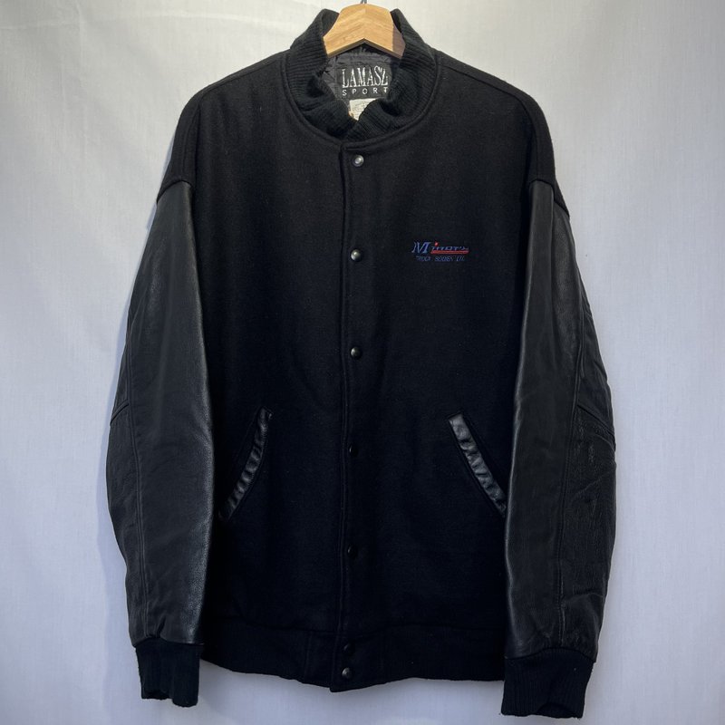 Antique Black Patchwork Baseball Jacket - เสื้อโค้ทผู้ชาย - ผ้าฝ้าย/ผ้าลินิน สีดำ