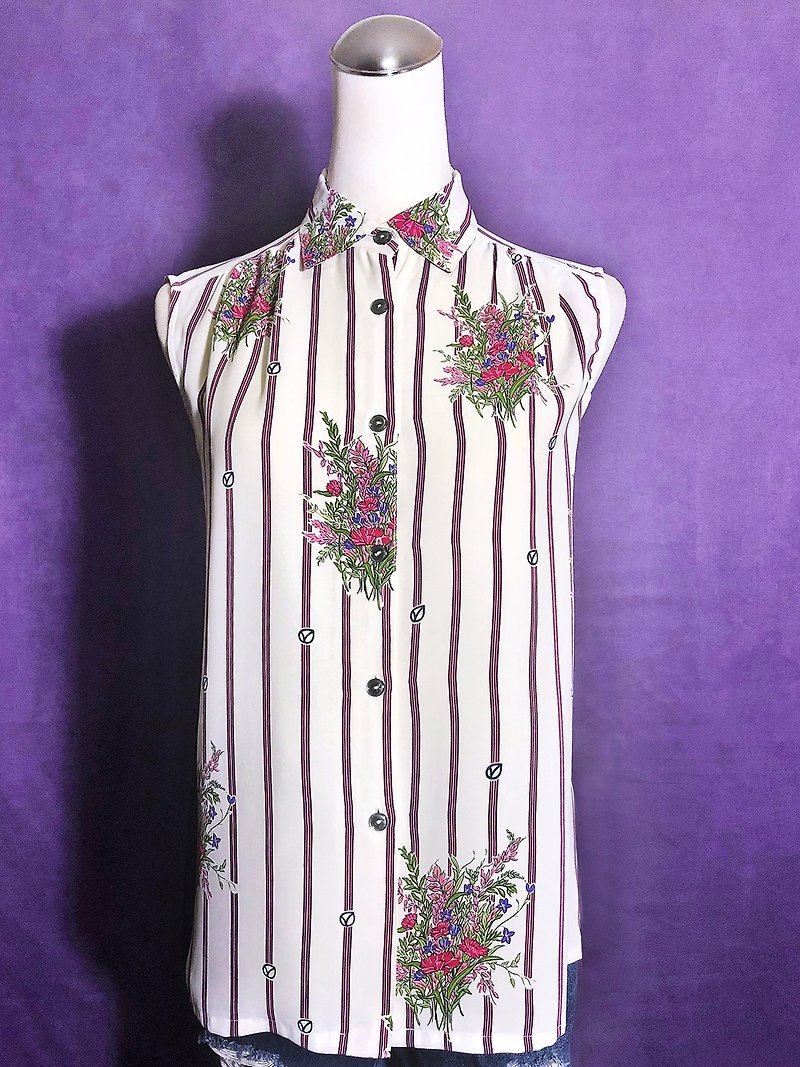 Striped flower sleeveless vintage shirt / brought back to VINTAGE abroad - Women's Shirts - Polyester Multicolor