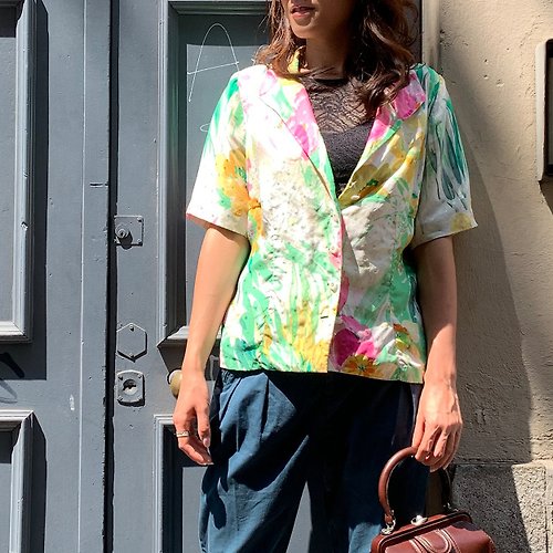YUNIQUE 80年代 歐洲古著 義大利製絲質水彩印花短袖外套