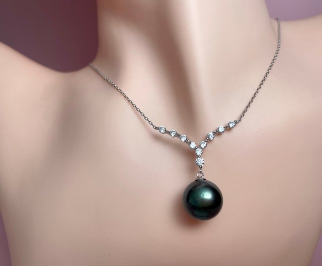 ピーコック天然海水真珠タヒチブラック真珠グリーンシルバーペンダント