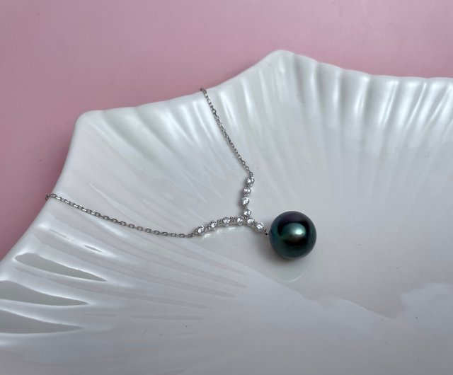 ピーコック天然海水真珠タヒチブラック真珠グリーンシルバーペンダント