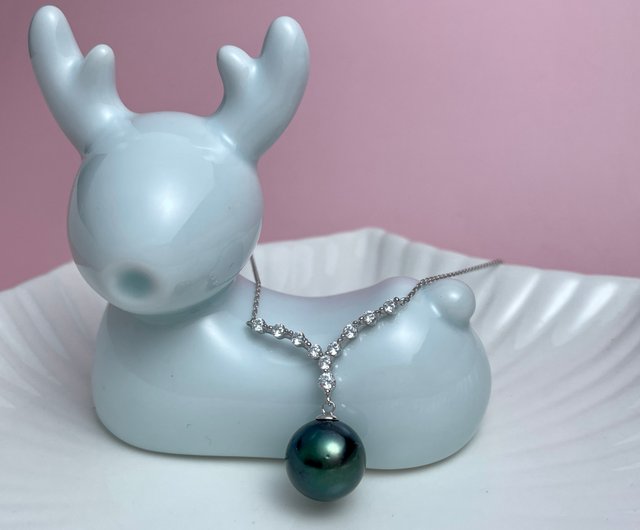 ピーコック天然海水真珠タヒチブラック真珠グリーンシルバーペンダント