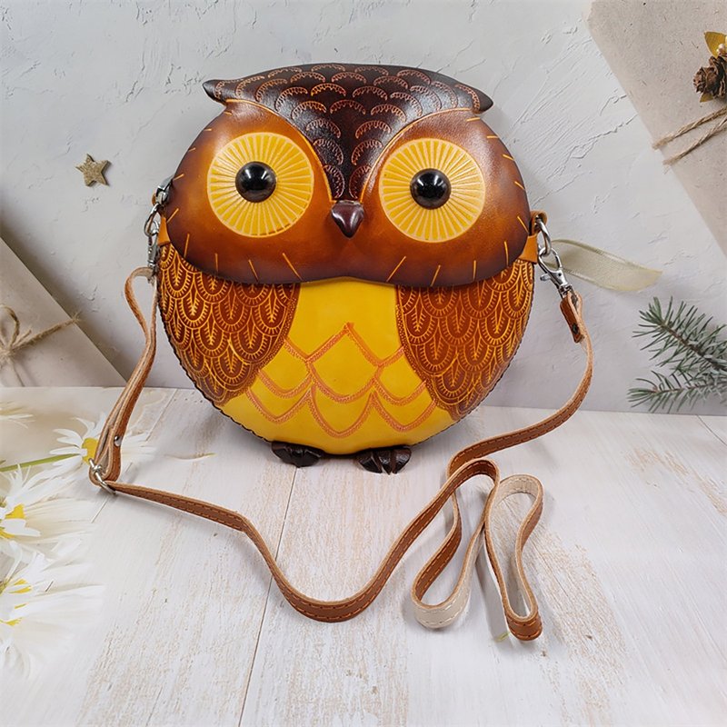 卡通動物貓頭鷹單肩包 - 側背包/斜背包 - 真皮 
