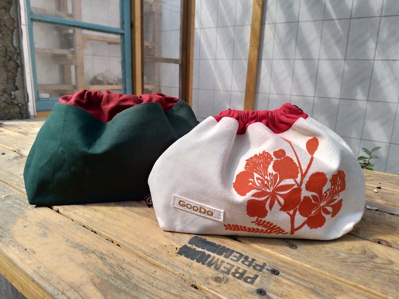 Two-tone canvas x silk-printed phoenix flower. Japanese style beam lunch bag - Handbags & Totes - Cotton & Hemp Green