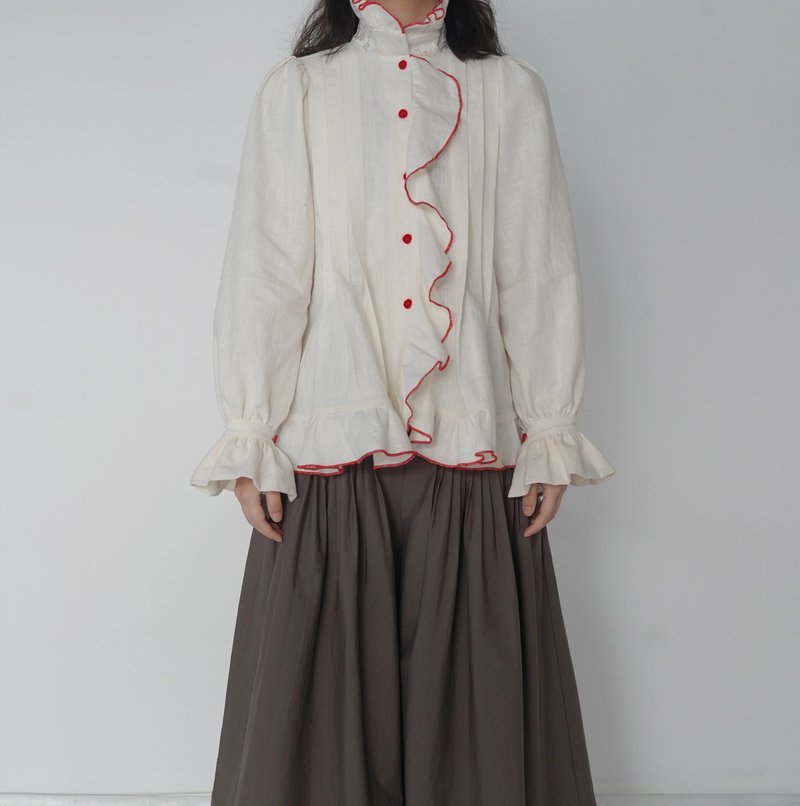 【文藝】古典復古風/紅邊密拷襯衫 - 女襯衫 - 棉．麻 白色