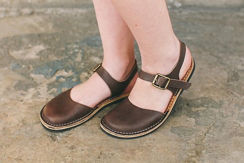 Crupon 棕色皮革涼鞋、夏季涼鞋、皮革涼鞋、皮革平底鞋、夏季平底鞋