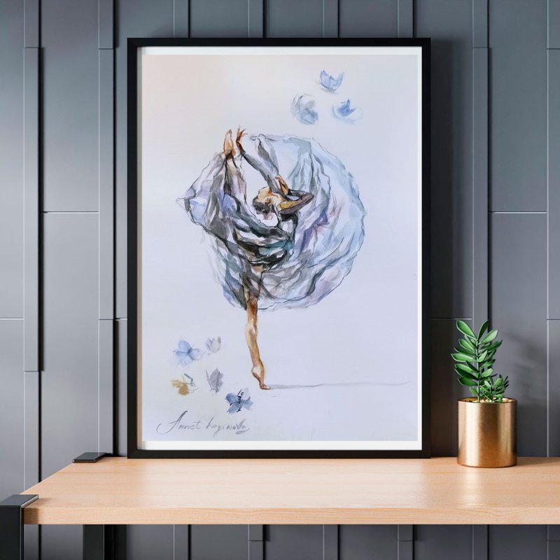 BALLERINA WITH BUTTERFLIES original watercolor drawing - ตกแต่งผนัง - กระดาษ สีเทา