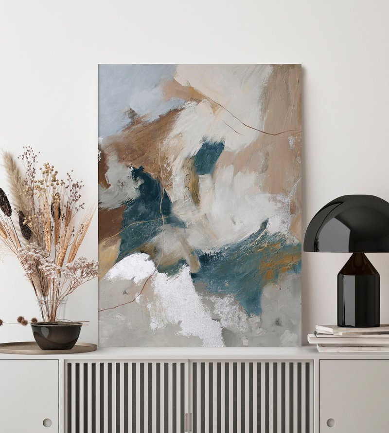 Gray beige Painting | Beige gray abstract wall art | Gray Beige art | Blue Velor - 壁貼/牆壁裝飾 - 棉．麻 藍色