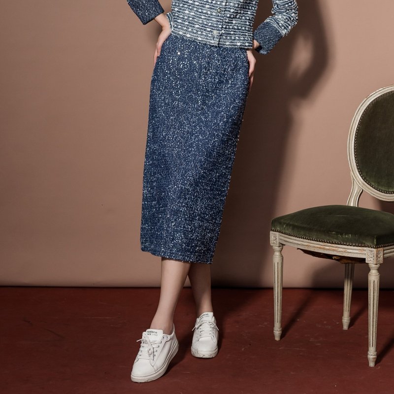 【MEDUSA】Blue Sequin Woven Denim Straight Long Skirt - Skirts - Cotton & Hemp Blue