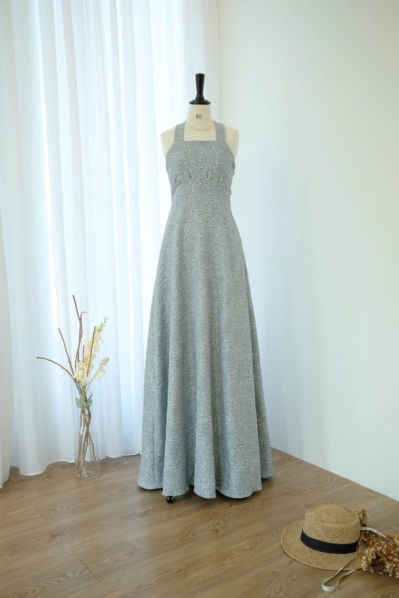 Blue gray Jacquard floral bridesmaid maxi party dress Wedding cocktail bow dress - 洋裝/連身裙 - 聚酯纖維 藍色