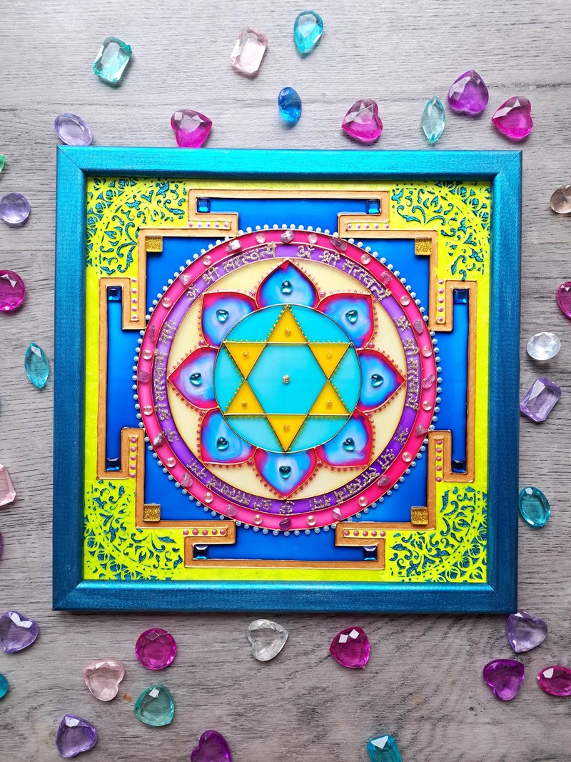 萨拉斯瓦蒂yantra吠陀asrtrology曼陀罗瑜伽冥想神圣几何艺术 - 壁貼/牆壁裝飾 - 玻璃 藍色