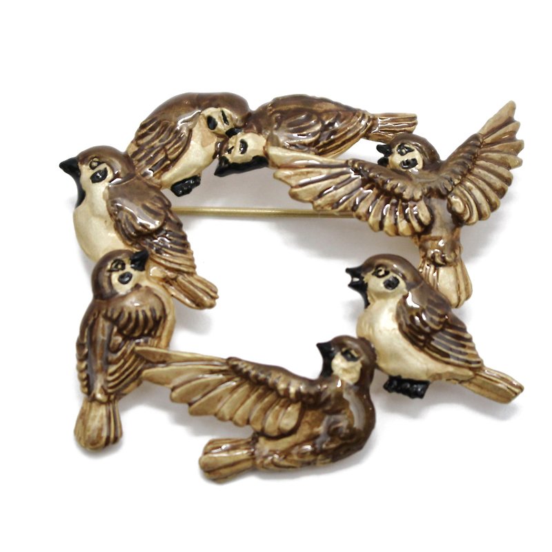 Sparrow's Meeting Pin Brooch PB093 - Brooches - Other Metals Brown