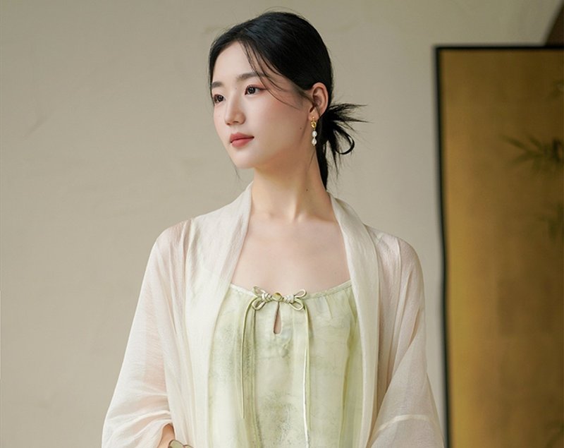 新中式復古中國風 白色禪意茶服 外披/吊帶裙 - 女上衣/長袖上衣 - 其他材質 綠色